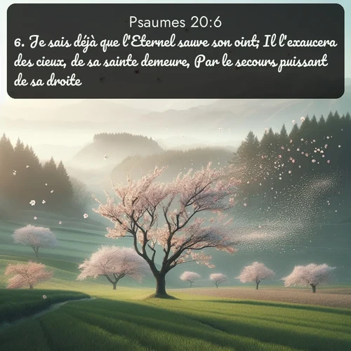 Segond Psaumes  ; image nature: image avec le verset biblique :Je sais déjà que l&#039;Eternel sauve son oint; Il l&#039;exaucera des cieux, de sa sainte demeure, Par le secours puissant de sa droite. ;  ; 20:6