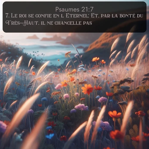 Segond Psaumes  ; image nature: image avec le verset biblique :Le roi se confie en l&#039;Eternel; Et, par la bonté du Très-Haut, il ne chancelle pas. ;  ; 21:7