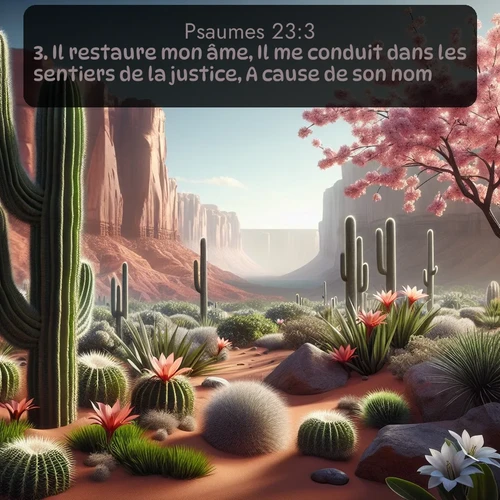 Segond Psaumes  ; image nature: image avec le verset biblique :Il restaure mon âme, Il me conduit dans les sentiers de la justice, A cause de son nom. ;  ; 23:3