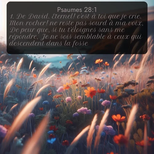 Segond Psaumes  ; image nature: image avec le verset biblique :De David. Eternel! c&#039;est à toi que je crie. Mon rocher! ne reste pas sourd à ma voix, De peur que, si tu t&#039;éloignes sans me répondre, Je ne sois semblable à ceux qui descendent dans la fosse. ;  ; 28:1