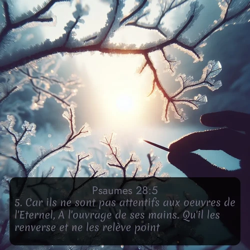 Segond Psaumes  ; image nature: image avec le verset biblique :Car ils ne sont pas attentifs aux oeuvres de l&#039;Eternel, A l&#039;ouvrage de ses mains. Qu&#039;il les renverse et ne les relève point! ;  ; 28:5