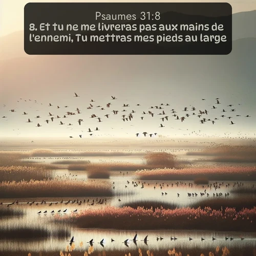 Segond Psaumes  ; image nature: image avec le verset biblique :Et tu ne me livreras pas aux mains de l&#039;ennemi, Tu mettras mes pieds au large. ;  ; 31:8