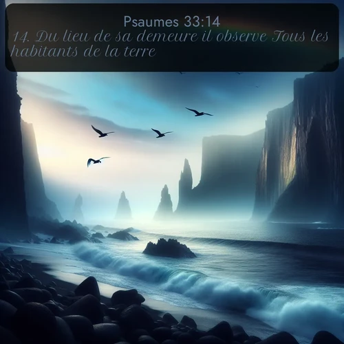 Segond Psaumes  ; image nature: image avec le verset biblique :Du lieu de sa demeure il observe Tous les habitants de la terre, ;  ; 33:14