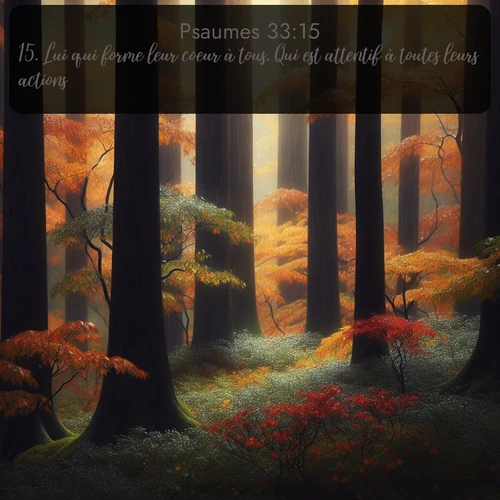 Segond Psaumes  ; image nature: image avec le verset biblique :Lui qui forme leur coeur à tous, Qui est attentif à toutes leurs actions. ;  ; 33:15