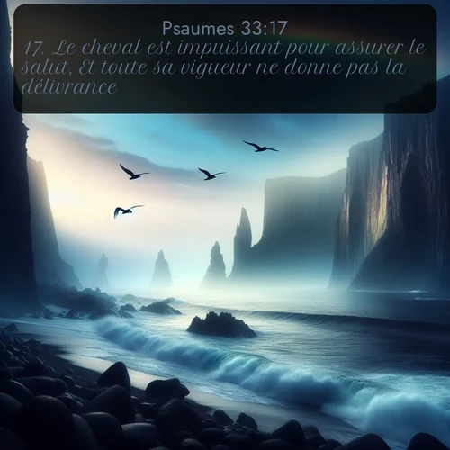 Segond Psaumes  ; image nature: image avec le verset biblique :Le cheval est impuissant pour assurer le salut, Et toute sa vigueur ne donne pas la délivrance. ;  ; 33:17