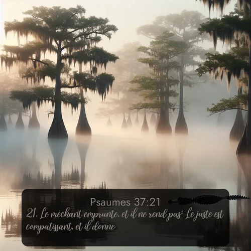Segond Psaumes  ; image nature: image avec le verset biblique :Le méchant emprunte, et il ne rend pas; Le juste est compatissant, et il donne. ;  ; 37:21