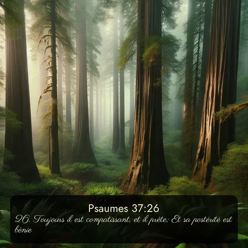 Segond Psaumes  ; image nature: image avec le verset biblique :Toujours il est compatissant, et il prête; Et sa postérité est bénie. ;  ; 37:26