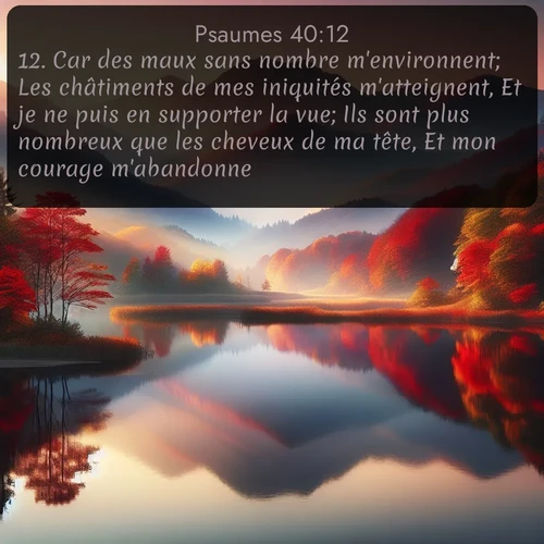Segond Psaumes  ; image nature: image avec le verset biblique :Car des maux sans nombre m&#039;environnent; Les châtiments de mes iniquités m&#039;atteignent, Et je ne puis en supporter la vue; Ils sont plus nombreux que les cheveux de ma tête, Et mon courage m&#039;abandonne. ;  ; 40:12