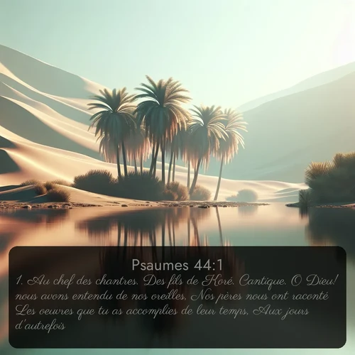 Segond Psaumes  ; image nature: image avec le verset biblique :Au chef des chantres. Des fils de Koré. Cantique. O Dieu! nous avons entendu de nos oreilles, Nos pères nous ont raconté Les oeuvres que tu as accomplies de leur temps, Aux jours d&#039;autrefois. ;  ; 44:1