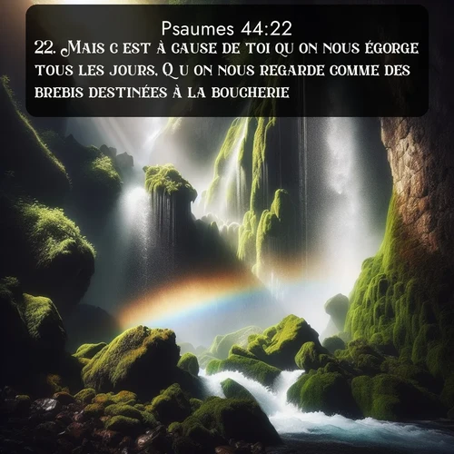 Segond Psaumes  ; image nature: image avec le verset biblique :Mais c&#039;est à cause de toi qu&#039;on nous égorge tous les jours, Qu&#039;on nous regarde comme des brebis destinées à la boucherie. ;  ; 44:22