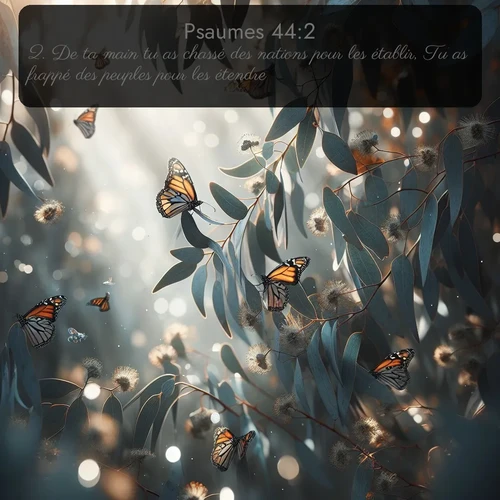 Segond Psaumes  ; image nature: image avec le verset biblique :De ta main tu as chassé des nations pour les établir, Tu as frappé des peuples pour les étendre. ;  ; 44:2