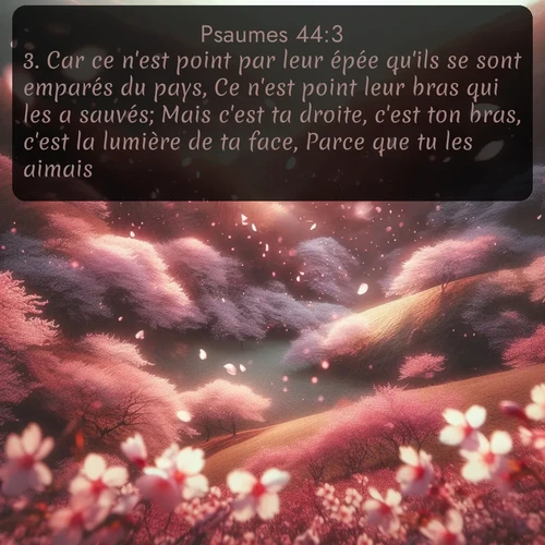 Segond Psaumes  ; image nature: image avec le verset biblique :Car ce n&#039;est point par leur épée qu&#039;ils se sont emparés du pays, Ce n&#039;est point leur bras qui les a sauvés; Mais c&#039;est ta droite, c&#039;est ton bras, c&#039;est la lumière de ta face, Parce que tu les aimais. ;  ; 44:3