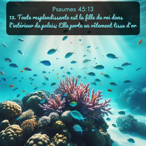 Segond Psaumes  ; image nature: image avec le verset biblique :Toute resplendissante est la fille du roi dans l&#039;intérieur du palais; Elle porte un vêtement tissu d&#039;or. ;  ; 45:13