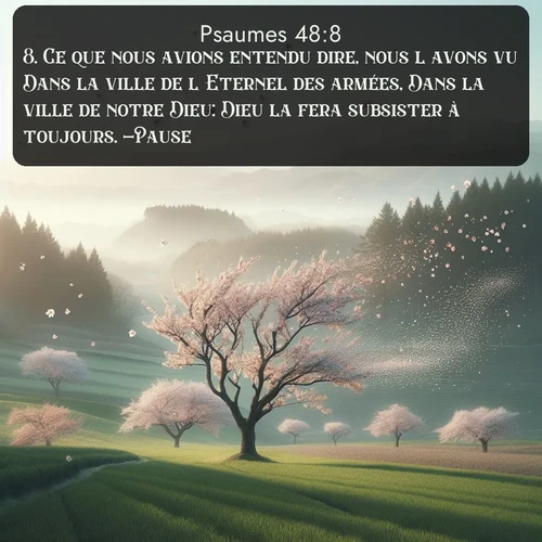 Segond Psaumes  ; image nature: image avec le verset biblique :Ce que nous avions entendu dire, nous l&#039;avons vu Dans la ville de l&#039;Eternel des armées, Dans la ville de notre Dieu: Dieu la fera subsister à toujours. -Pause. ;  ; 48:8