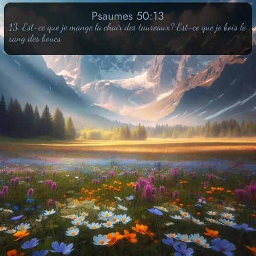Segond Psaumes  ; image nature: image avec le verset biblique :Est-ce que je mange la chair des taureaux? Est-ce que je bois le sang des boucs? ;  ; 50:13