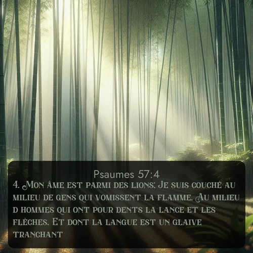 Segond Psaumes  ; image nature: image avec le verset biblique :Mon âme est parmi des lions; Je suis couché au milieu de gens qui vomissent la flamme, Au milieu d&#039;hommes qui ont pour dents la lance et les flèches, Et dont la langue est un glaive tranchant. ;  ; 57:4