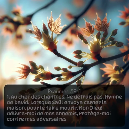 Segond Psaumes  ; image nature: image avec le verset biblique :Au chef des chantres. Ne détruis pas. Hymne de David. Lorsque Saül envoya cerner la maison, pour le faire mourir. Mon Dieu! délivre-moi de mes ennemis, Protège-moi contre mes adversaires! ;  ; 59:1