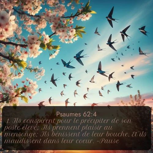 Segond Psaumes  ; image nature: image avec le verset biblique :Ils conspirent pour le précipiter de son poste élevé; Ils prennent plaisir au mensonge; Ils bénissent de leur bouche, Et ils maudissent dans leur coeur. -Pause. ;  ; 62:4