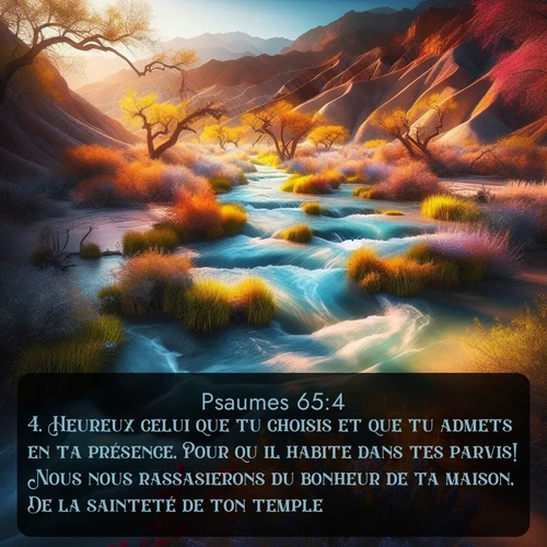 Segond Psaumes  ; image nature: image avec le verset biblique :Heureux celui que tu choisis et que tu admets en ta présence, Pour qu&#039;il habite dans tes parvis! Nous nous rassasierons du bonheur de ta maison, De la sainteté de ton temple. ;  ; 65:4