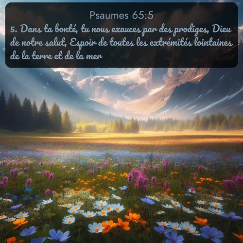 Segond Psaumes  ; image nature: image avec le verset biblique :Dans ta bonté, tu nous exauces par des prodiges, Dieu de notre salut, Espoir de toutes les extrémités lointaines de la terre et de la mer! ;  ; 65:5