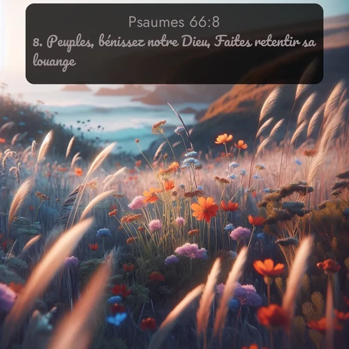 Segond Psaumes  ; image nature: image avec le verset biblique :Peuples, bénissez notre Dieu, Faites retentir sa louange! ;  ; 66:8