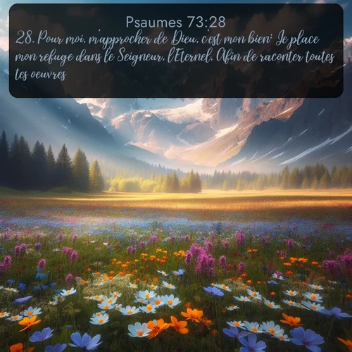 Segond Psaumes  ; image nature: image avec le verset biblique :Pour moi, m&#039;approcher de Dieu, c&#039;est mon bien: Je place mon refuge dans le Seigneur, l&#039;Eternel, Afin de raconter toutes tes oeuvres. ;  ; 73:28