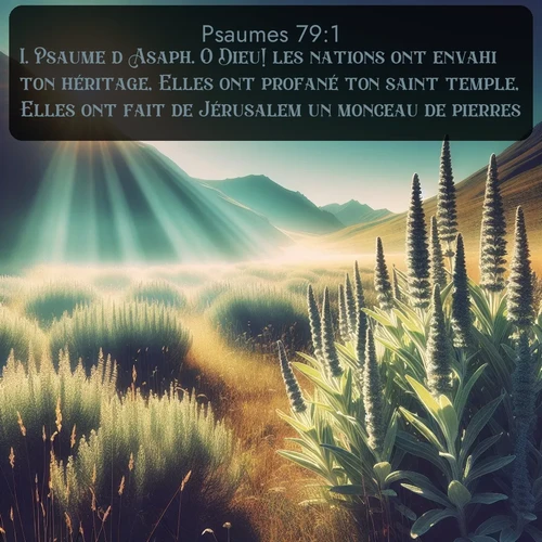 Segond Psaumes  ; image nature: image avec le verset biblique :Psaume d&#039;Asaph. O Dieu! les nations ont envahi ton héritage, Elles ont profané ton saint temple, Elles ont fait de Jérusalem un monceau de pierres. ;  ; 79:1