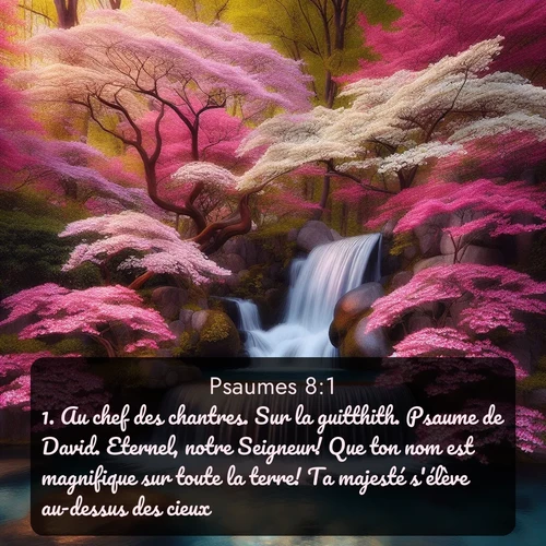 Segond Psaumes  ; image nature: image avec le verset biblique :Au chef des chantres. Sur la guitthith. Psaume de David. Eternel, notre Seigneur! Que ton nom est magnifique sur toute la terre! Ta majesté s&#039;élève au-dessus des cieux. ;  ; 8:1