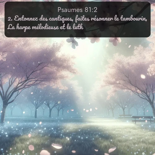 Segond Psaumes  ; image nature: image avec le verset biblique :Entonnez des cantiques, faites résonner le tambourin, La harpe mélodieuse et le luth! ;  ; 81:2