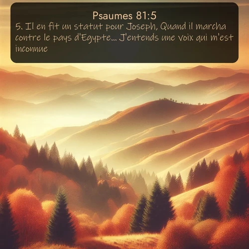 Segond Psaumes  ; image nature: image avec le verset biblique :Il en fit un statut pour Joseph, Quand il marcha contre le pays d&#039;Egypte... J&#039;entends une voix qui m&#039;est inconnue: ;  ; 81:5