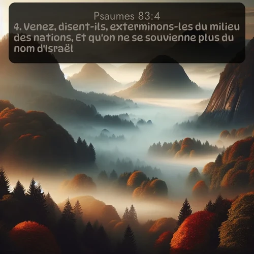 Segond Psaumes  ; image nature: image avec le verset biblique :Venez, disent-ils, exterminons-les du milieu des nations, Et qu&#039;on ne se souvienne plus du nom d&#039;Israël! ;  ; 83:4