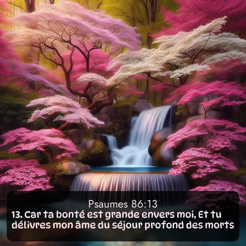 Segond Psaumes  ; image nature: image avec le verset biblique :Car ta bonté est grande envers moi, Et tu délivres mon âme du séjour profond des morts. ;  ; 86:13