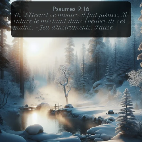 Segond Psaumes  ; image nature: image avec le verset biblique :L&#039;Eternel se montre, il fait justice, Il enlace le méchant dans l&#039;oeuvre de ses mains. -Jeu d&#039;instruments. Pause. ;  ; 9:16