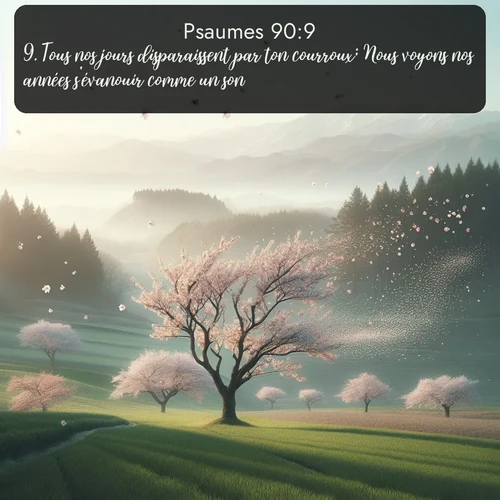 Segond Psaumes  ; image nature: image avec le verset biblique :Tous nos jours disparaissent par ton courroux; Nous voyons nos années s&#039;évanouir comme un son. ;  ; 90:9