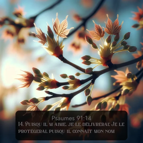 Segond Psaumes  ; image nature: image avec le verset biblique :Puisqu&#039;il m&#039;aime, je le délivrerai; Je le protégerai, puisqu&#039;il connaît mon nom. ;  ; 91:14
