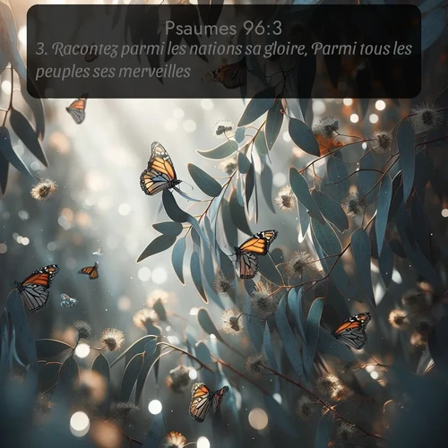 Segond Psaumes  ; image nature: image avec le verset biblique :Racontez parmi les nations sa gloire, Parmi tous les peuples ses merveilles! ;  ; 96:3