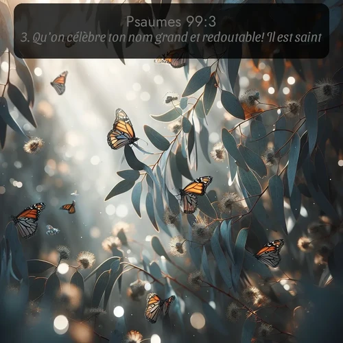 Segond Psaumes  ; image nature: image avec le verset biblique :Qu&#039;on célèbre ton nom grand et redoutable! Il est saint! ;  ; 99:3