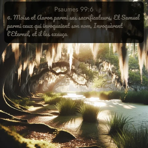 Segond Psaumes  ; image nature: image avec le verset biblique :Moïse et Aaron parmi ses sacrificateurs, Et Samuel parmi ceux qui invoquaient son nom, Invoquèrent l&#039;Eternel, et il les exauça. ;  ; 99:6