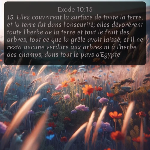Segond Exode  ; image nature: image avec le verset biblique :Elles couvrirent la surface de toute la terre, et la terre fut dans l&#039;obscurité; elles dévorèrent toute l&#039;herbe de la terre et tout le fruit des arbres, tout ce que la grêle avait laissé; et il ne resta aucune verdure aux arbres ni à l&#039;herbe des champs, dans tout le pays d&#039;Egypte. ;  ; 10:15