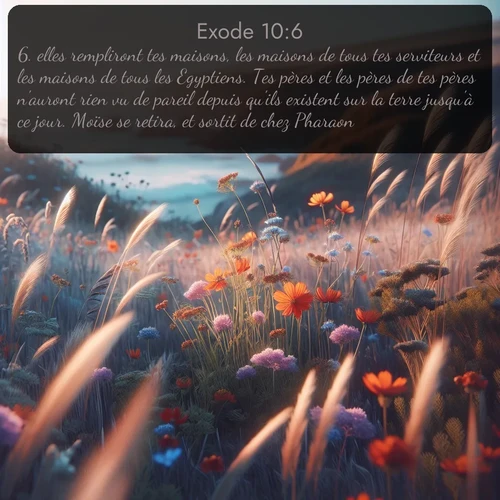 Segond Exode  ; image nature: image avec le verset biblique :elles rempliront tes maisons, les maisons de tous tes serviteurs et les maisons de tous les Egyptiens. Tes pères et les pères de tes pères n&#039;auront rien vu de pareil depuis qu&#039;ils existent sur la terre jusqu&#039;à ce jour. Moïse se retira, et sortit de chez Pharaon. ;  ; 10:6