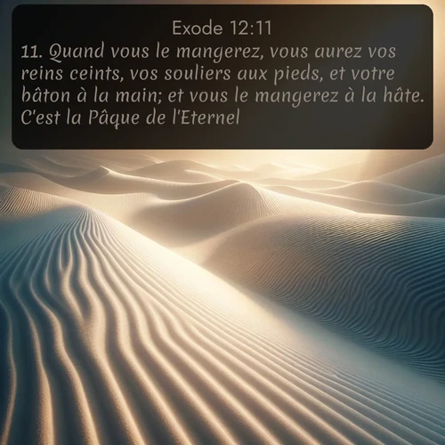 Segond Exode  ; image nature: image avec le verset biblique :Quand vous le mangerez, vous aurez vos reins ceints, vos souliers aux pieds, et votre bâton à la main; et vous le mangerez à la hâte. C&#039;est la Pâque de l&#039;Eternel. ;  ; 12:11