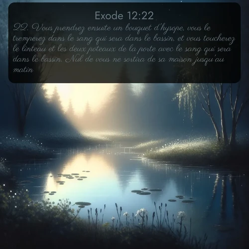 Segond Exode  ; image nature: image avec le verset biblique :Vous prendrez ensuite un bouquet d&#039;hysope, vous le tremperez dans le sang qui sera dans le bassin, et vous toucherez le linteau et les deux poteaux de la porte avec le sang qui sera dans le bassin. Nul de vous ne sortira de sa maison jusqu&#039;au matin. ;  ; 12:22