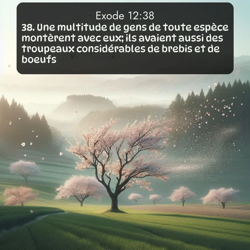 Segond Exode  ; image nature: image avec le verset biblique :Une multitude de gens de toute espèce montèrent avec eux; ils avaient aussi des troupeaux considérables de brebis et de boeufs. ;  ; 12:38