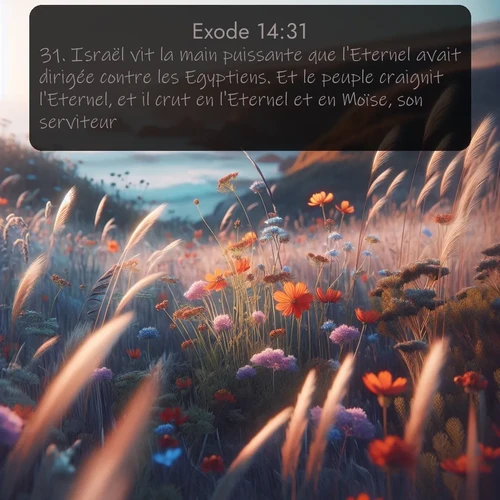 Segond Exode  ; image nature: image avec le verset biblique :Israël vit la main puissante que l&#039;Eternel avait dirigée contre les Egyptiens. Et le peuple craignit l&#039;Eternel, et il crut en l&#039;Eternel et en Moïse, son serviteur. ;  ; 14:31