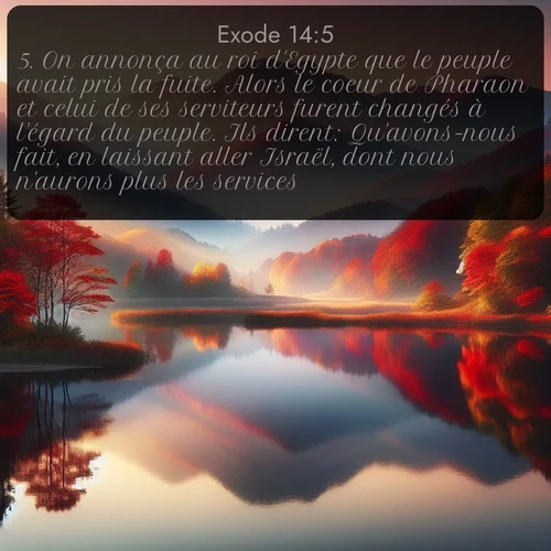 Segond Exode  ; image nature: image avec le verset biblique :On annonça au roi d&#039;Egypte que le peuple avait pris la fuite. Alors le coeur de Pharaon et celui de ses serviteurs furent changés à l&#039;égard du peuple. Ils dirent: Qu&#039;avons-nous fait, en laissant aller Israël, dont nous n&#039;aurons plus les services? ;  ; 14:5
