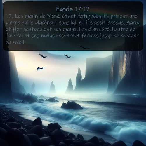 Segond Exode  ; image nature: image avec le verset biblique :Les mains de Moïse étant fatiguées, ils prirent une pierre qu&#039;ils placèrent sous lui, et il s&#039;assit dessus. Aaron et Hur soutenaient ses mains, l&#039;un d&#039;un côté, l&#039;autre de l&#039;autre; et ses mains restèrent fermes jusqu&#039;au coucher du soleil. ;  ; 17:12