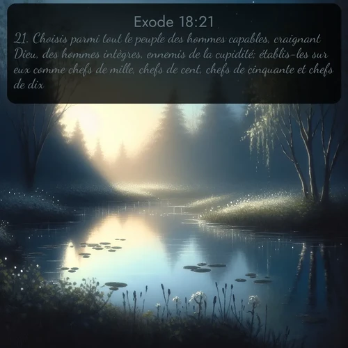 Segond Exode  ; image nature: image avec le verset biblique :Choisis parmi tout le peuple des hommes capables, craignant Dieu, des hommes intègres, ennemis de la cupidité; établis-les sur eux comme chefs de mille, chefs de cent, chefs de cinquante et chefs de dix. ;  ; 18:21