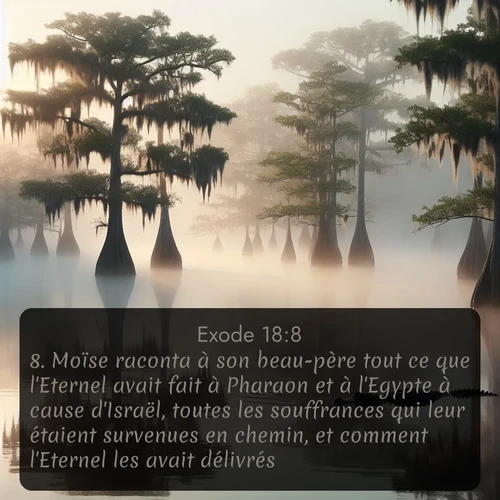 Segond Exode  ; image nature: image avec le verset biblique :Moïse raconta à son beau-père tout ce que l&#039;Eternel avait fait à Pharaon et à l&#039;Egypte à cause d&#039;Israël, toutes les souffrances qui leur étaient survenues en chemin, et comment l&#039;Eternel les avait délivrés. ;  ; 18:8