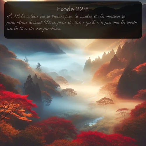 Segond Exode  ; image nature: image avec le verset biblique :Si le voleur ne se trouve pas, le maître de la maison se présentera devant Dieu, pour déclarer qu&#039;il n&#039;a pas mis la main sur le bien de son prochain. ;  ; 22:8
