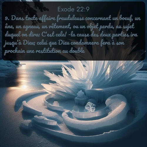 Segond Exode  ; image nature: image avec le verset biblique :Dans toute affaire frauduleuse concernant un boeuf, un âne, un agneau, un vêtement, ou un objet perdu, au sujet duquel on dira: C&#039;est cela! -la cause des deux parties ira jusqu&#039;à Dieu; celui que Dieu condamnera fera à son prochain une restitution au double. ;  ; 22:9